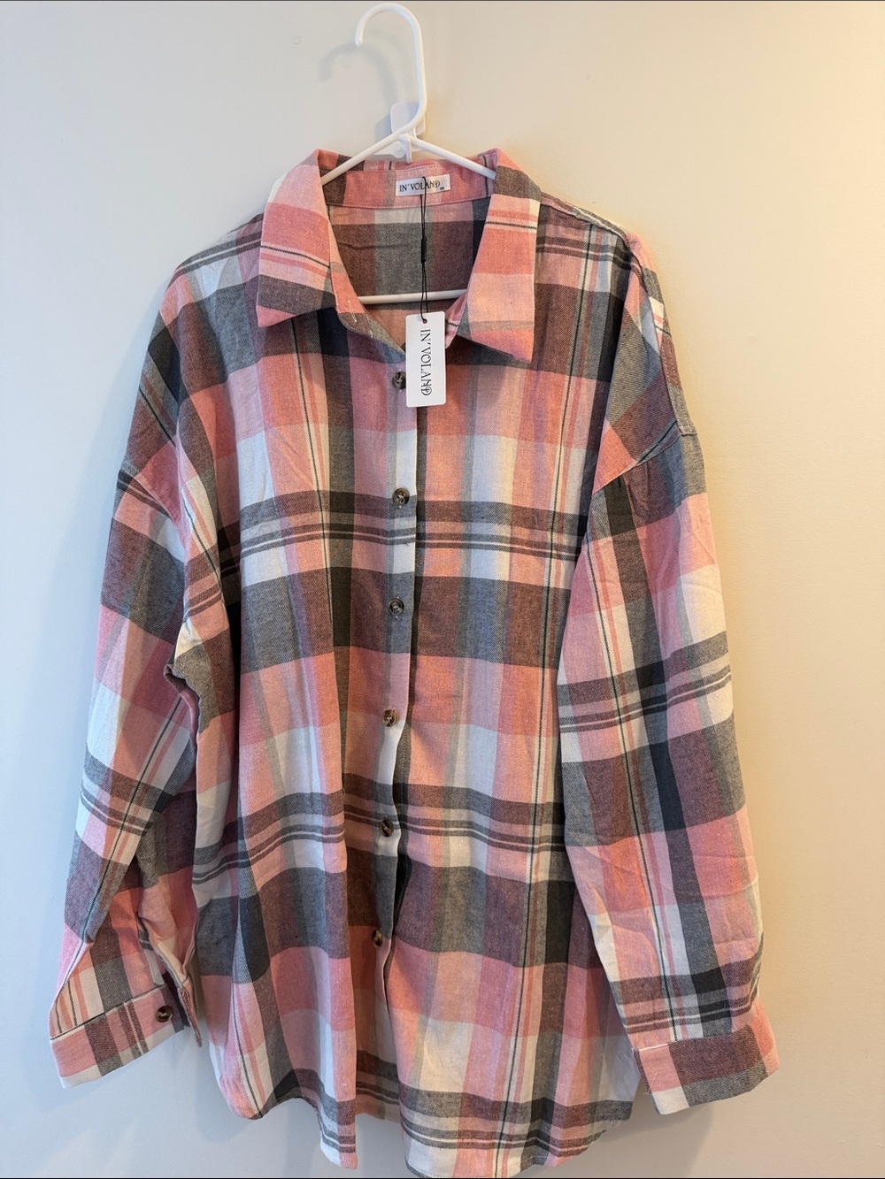 Vintage Pink Gray White Plaid Button-Down Shirt